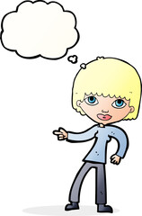 cartoon woman pointing with thought bubble