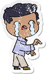 distressed sticker of a cartoon man crying