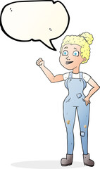 freehand drawn speech bubble cartoon woman in dungarees