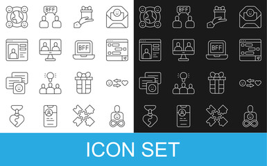 Fototapeta premium Set line Friends forever, Romantic relationship, Chat messages laptop, Give gift, Video chat conference, Dating app online, International community and BFF best friends icon. Vector