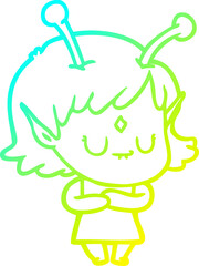cold gradient line drawing of a cartoon alien girl
