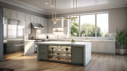 Fototapeta na wymiar Modern spacious kitchen American European classic. A trendy combination of white and pistachio colors, white marble countertops, a large kitchen island with shelves for tableware. Generative AI