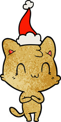 hand drawn textured cartoon of a happy cat wearing santa hat