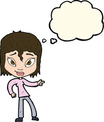 cartoon relaxed woman pointing with thought bubble