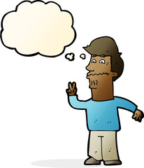 cartoon man giving peace sign with thought bubble