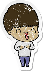 distressed sticker of a happy cartoon boy