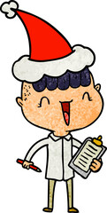 hand drawn textured cartoon of a happy boy surprised wearing santa hat