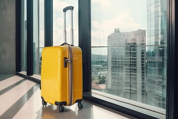 large yellow suitcase on wheels near glass window area Generative AI