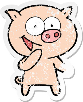 distressed sticker of a laughing pig cartoon