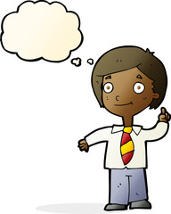 cartoon school boy answering question with thought bubble
