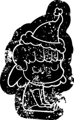 quirky cartoon distressed icon of a indifferent woman wearing santa hat