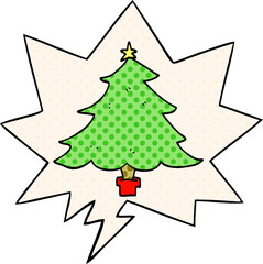 cartoon christmas tree with speech bubble in comic book style