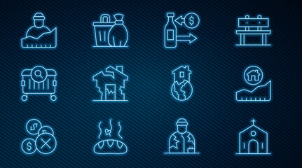 Set line Church building, Rising cost of housing, Reception glass bottles, Ruined house, Searching for food, Growth homeless, Shelter and Trash can icon. Vector