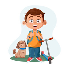 A boy with a dog and a scooter in cartoon style, vector graphics, children's illustration