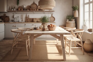 Cozy bright kitchen in scandi style. Dining table with chairs, wooden floor, dishes and furniture, wicker lampshades. Natural colors, simple wooden furniture. Ecostyle in the home Generative AI
