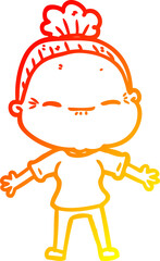 warm gradient line drawing of a cartoon peaceful old woman
