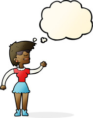 cartoon woman in spectacles waving with thought bubble