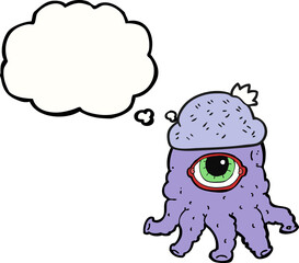 freehand drawn thought bubble cartoon alien wearing  hat