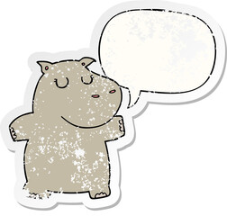 cartoon hippo with speech bubble distressed distressed old sticker