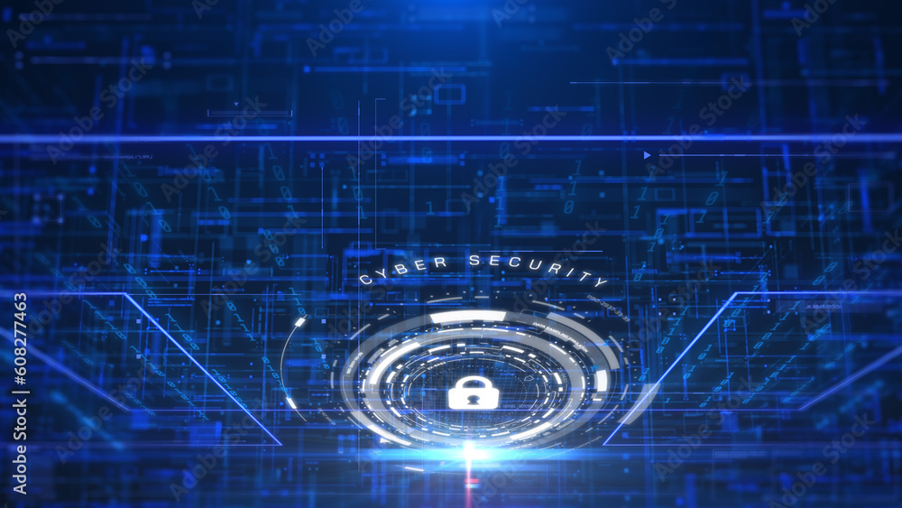 Poster Cyber security privacy protection on data network technology cybernetics. HUD system cybersecurity concept illustration.
