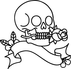 traditional black linework tattoo with banner of a skull
