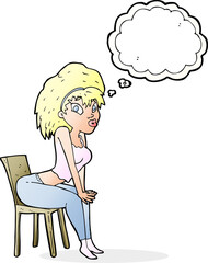 cartoon woman posing on chair with thought bubble