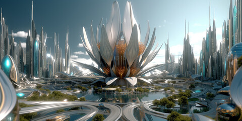 Fototapeta na wymiar Moderne Stadtplanung in der Zukunft, futuristische neue Stadt mit vorbildlicher Architektur, ai generativ