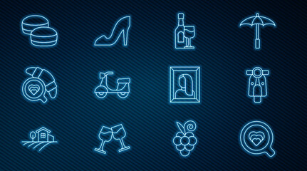 Set line Coffee cup, Scooter, Wine bottle with glass, croissant, Macaron cookie, Portrait picture museum and Woman shoe icon. Vector