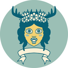 Retro Tattoo Style orc druid character face with banner