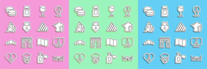 Set line French cafe, Eiffel tower, Map of France, Wine glass, Castle the shape heart, Cheese, Macaron cookie and Louvre pyramid icon. Vector