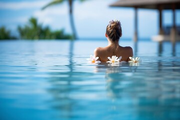 Naklejka premium Beautiful woman takes a bath in a swimming pool during her summer vacation, copy space. Ai generated.