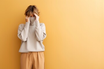 Shameful young woman covers her face with her hands. Ai generated. - obrazy, fototapety, plakaty