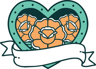 iconic tattoo style image of a heart and banner with flowers