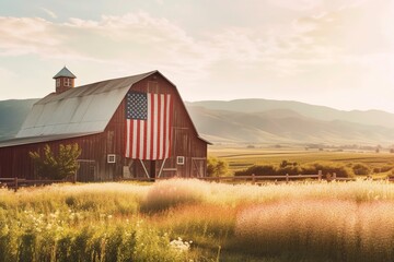 An old grain barn in the American countryside, with a large patriotic American flag. Ai generated. - obrazy, fototapety, plakaty