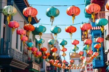 Fototapeta na wymiar the streets of Chinese cities come alive with a dazzling display of brightly colored lanterns, creating an enchanting atmosphere. Ai generated.