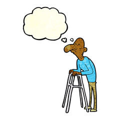 cartoon old man with walking frame with thought bubble