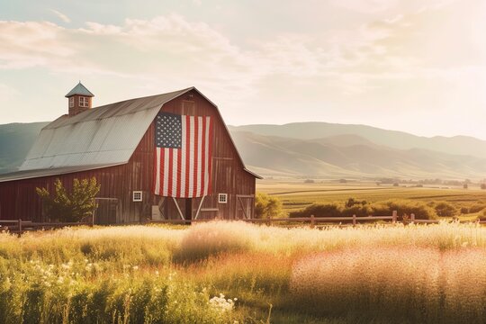 An old grain barn in the American countryside, with a large patriotic American flag. Ai generated.