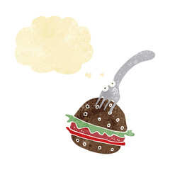 cartoon fork and burger with thought bubble