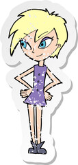 retro distressed sticker of a cartoon girl with hands on hips