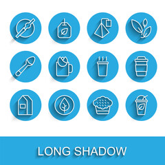 Set line Paper package for milk, Tea leaf, Cigarette, Muffin, Cup of tea with, rose, and icon. Vector