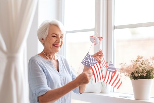 Mature woman decorates her house with American flags for the USA patriotic celebration. Ai generated.