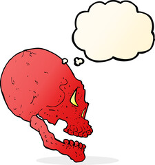 red skull illustration with thought bubble