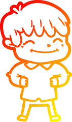 warm gradient line drawing of a cartoon happy boy