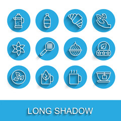 Set line Tea leaf, Cup of tea with, French press, bag, strainer handle, and Ball icon. Vector