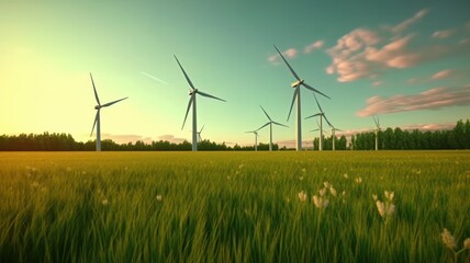 Fototapeta na wymiar Stunning landscape with several wind generators on a blooming spring meadow under a bright morning sky. The concept of alternative energy, the priority of ecology on the planet. Generative AI