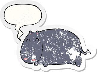cartoon hippo with speech bubble distressed distressed old sticker