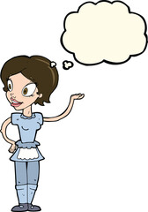cartoon woman in maid costume with thought bubble