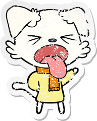 distressed sticker of a cartoon dog wearing scarf and pullover