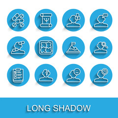 Set line Psychological test, Solution problem in psychology, Medicine pill or tablet, Good mood, Insomnia, Finding and Mountains with flag top icon. Vector