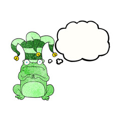 freehand drawn thought bubble textured cartoon frog wearing jester hat